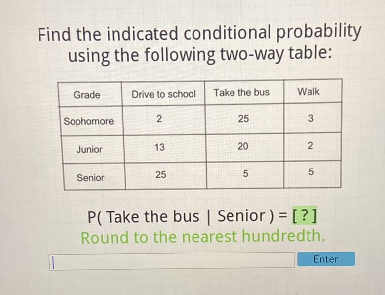 Find the indicated conditional probability using the following two-way table:
\begin{tabular}{|c|c|c|c|}
\hline Grade & Drive to school & Take the bus & Walk \\
\hline Sophomore & 2 & 25 & 3 \\
\hline Junior & 13 & 20 & 2 \\
\hline Senior & 25 & 5 & 5 \\
\hline
\end{tabular}
\( P( \) Take the bus | Senior \( )= \) [? ] Round to the nearest hundredth.
Enter