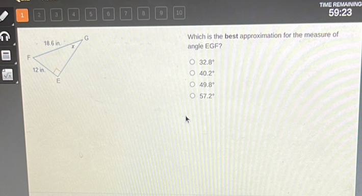 Which is the best approximation for the measure of angle EGF?
\( 32.8^{\circ} \)
\( 40.2^{\circ} \)
\( 49.8^{\circ} \)
\( 57.2^{\circ} \)