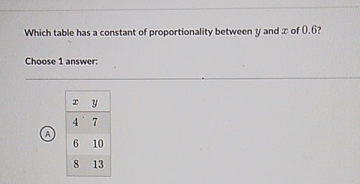 Which table has a constant of proportionality between \( y \) and \( x \) of \( 0.6 ? \)
Choose 1 answer:
\begin{tabular}{|ll|}
\hline\( x \) & \( y \) \\
\hline 4 & 7 \\
6 & 10 \\
8 & 13 \\
\hline
\end{tabular}