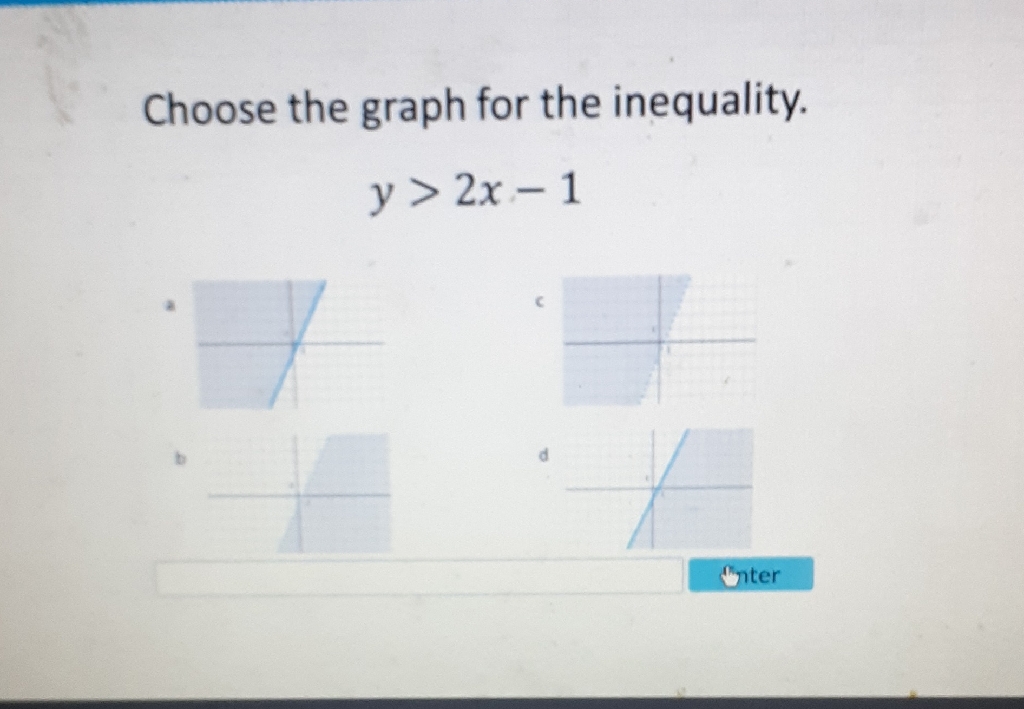Choose the graph for the inequality.
\[
y>2 x-1
\]