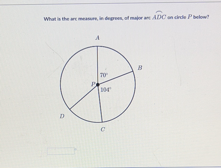 What is the arc measure, in degrees, of major arc \( A D C \) on circle \( P \) below?