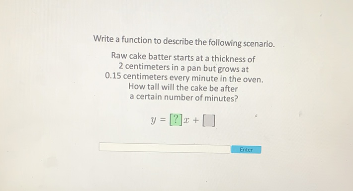 Write a function to describe the following scenario.
Raw cake batter starts at a thickness of
2 centimeters in a pan but grows at
\( 0.15 \) centimeters every minute in the oven.
How tall will the cake be after
a certain number of minutes?
\[
y=[?] x+[]
\]
Enter