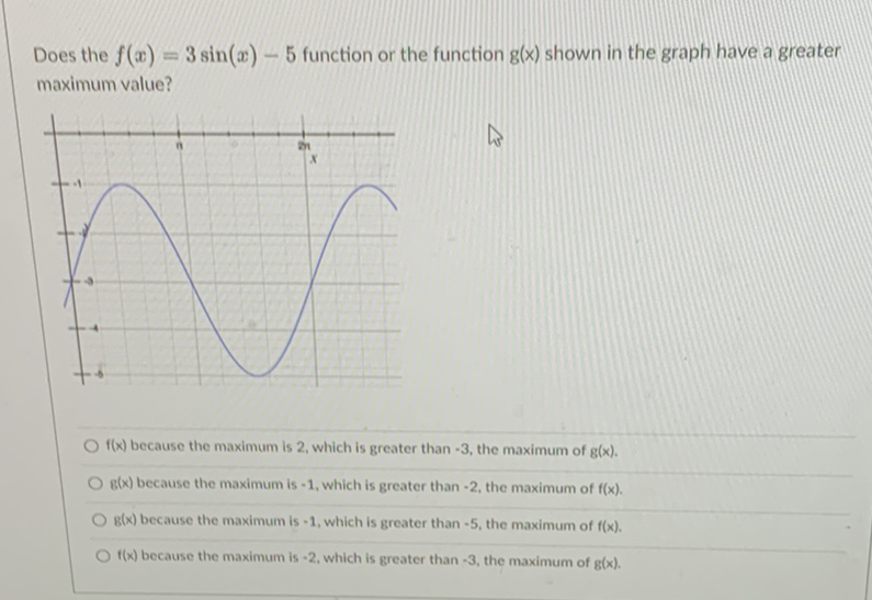 Does the \( f(x)=3 \sin (x)-5 \) function or the function \( g(x) \) shown in the graph have a greater maximum value?
\( f(x) \) because the maximum is 2 , which is greater than \( -3 \), the maximum of \( g(x) \).
\( g(x) \) because the maximum is \( -1 \), which is greater than \( -2 \), the maximum of \( f(x) \).
\( g(x) \) because the maximum is \( -1 \), which is greater than \( -5 \), the maximum of \( f(x) \).
\( f(x) \) because the maximum is \( -2 \), which is greater than \( -3 \), the maximum of \( g(x) \).