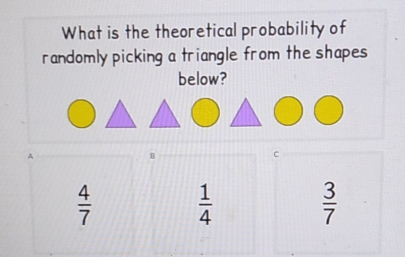 What is the theoretical probability of randomly picking a triangle from the shapes below?
\( \frac{4}{7} \)
\( \frac{1}{4} \)
\( \frac{3}{7} \)