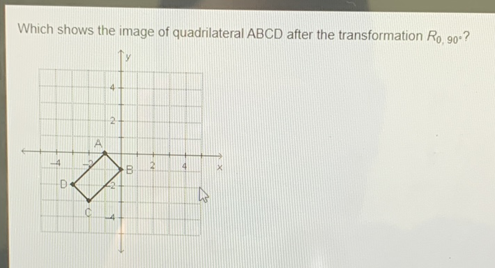 Which shows the image of quadrilateral \( \mathrm{ABCD} \) after the transformation \( R_{0,90^{\circ}} \) ?