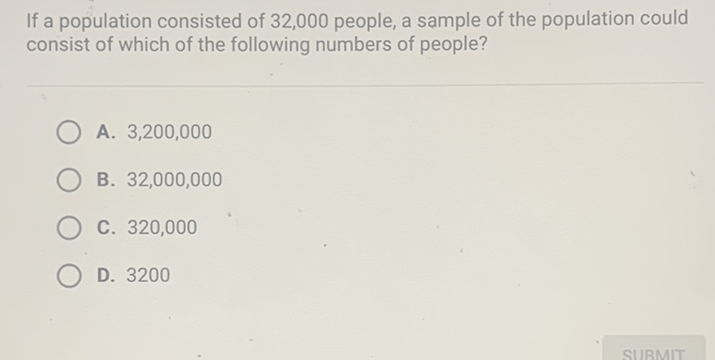 If a population consisted of 32,000 people, a sample of the population could consist of which of the following numbers of people?
A. \( 3,200,000 \)
B. \( 32,000,000 \)
C. 320,000
D. 3200