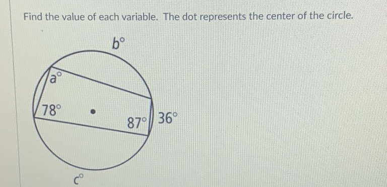 Find the value of each variable. The dot represents the center of the circle.