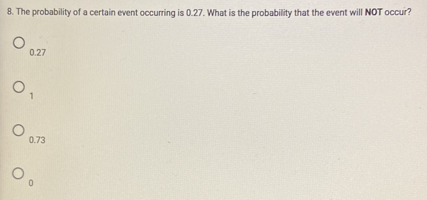 8. The probability of a certain event occurring is \( 0.27 \). What is the probability that the event will NOT occur?
\( 0.27 \)
1
\( 0.73 \)
0