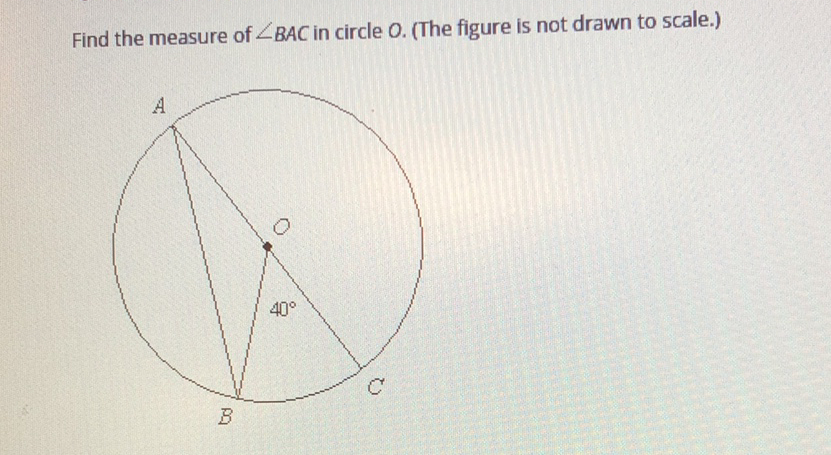 Find the measure of \( \angle B A C \) in circle \( O \). (The figure is not drawn to scale.)
