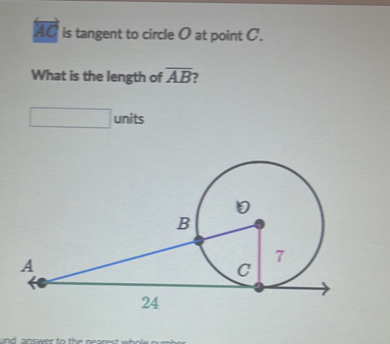 \( \overrightarrow{A C} \) is tangent to circle \( O \) at point \( C \).
What is the length of \( \overline{A B} \) ?
units