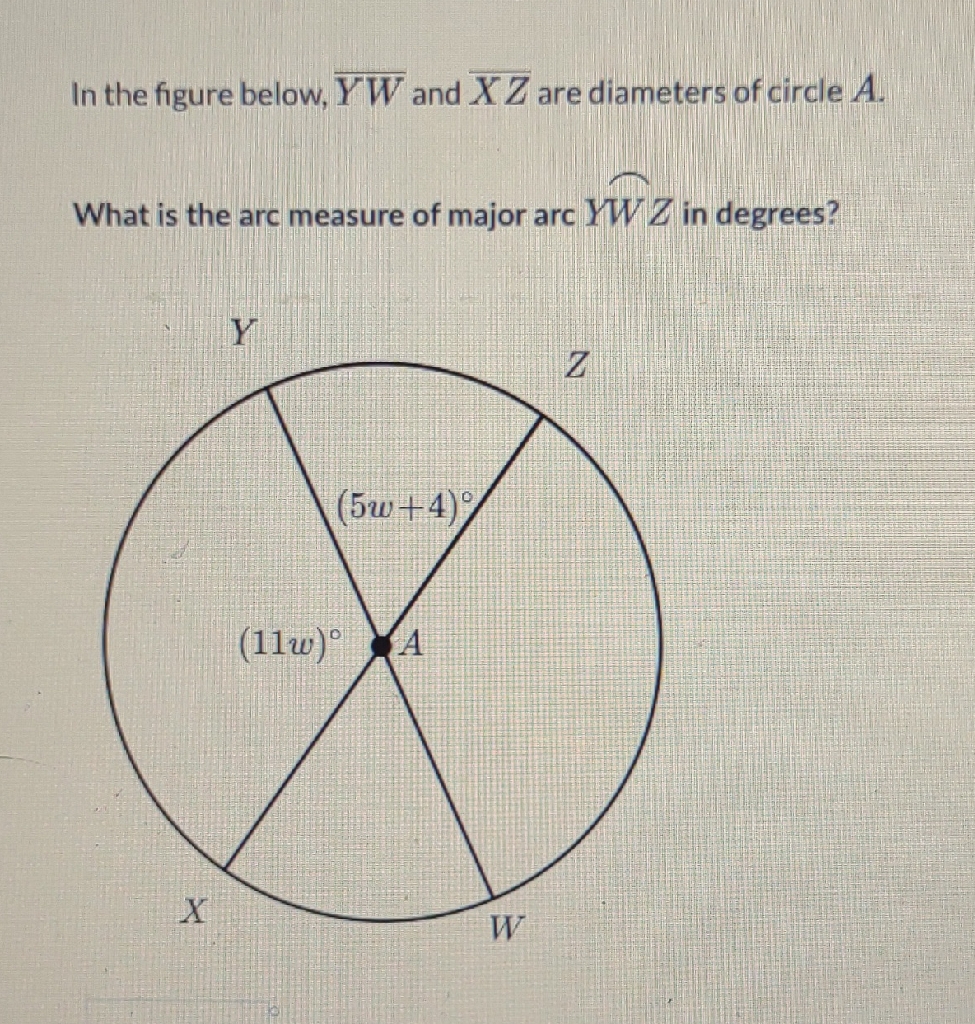 In the figure below, \( \overline{Y W} \) and \( \overline{X Z} \) are diameters of circle \( A \).
What is the arc measure of major arc \( Y W Z \) in degrees?