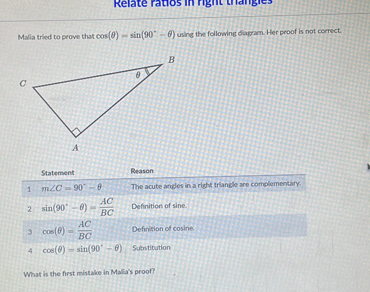 Malia tried to prove that \( \cos (\theta)=\sin \left(90^{\circ}-\theta\right) \) using the following diagram. Her proof is not correct.
Statement Reason
\( 1 \quad m \angle C=90^{\circ}-\theta \quad \) The acute angles in a right triangle are complementary.
\( 2 \sin \left(90^{\circ}-\theta\right)=\frac{A C}{B C} \quad \) Definition of sine.
\( 3 \cos (\theta)=\frac{A C}{B C} \quad \) Definition of cosine.
\( 4 \cos (\theta)=\sin \left(90^{\circ}-\theta\right) \quad \) Substitution
What is the first mistake in Malia's proof?