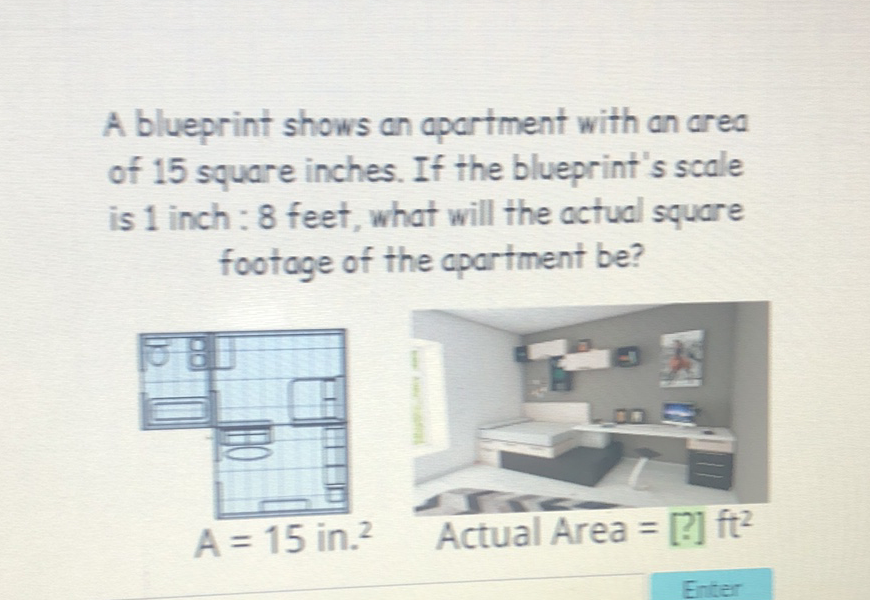 A blueprint shows an apartment with an area of 15 square inches. If the blueprint's scale is 1 inch : 8 feet, what will the actual square footage of the cpartment be?