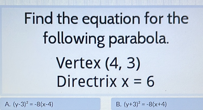 Find the equation for the following parabola.
Vertex \( (4,3) \)
Directrix \( x=6 \)