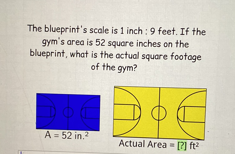 The blueprint's scale is 1 inch : 9 feet. If the gym's area is 52 square inches on the blueprint, what is the actual square footage of the gym?