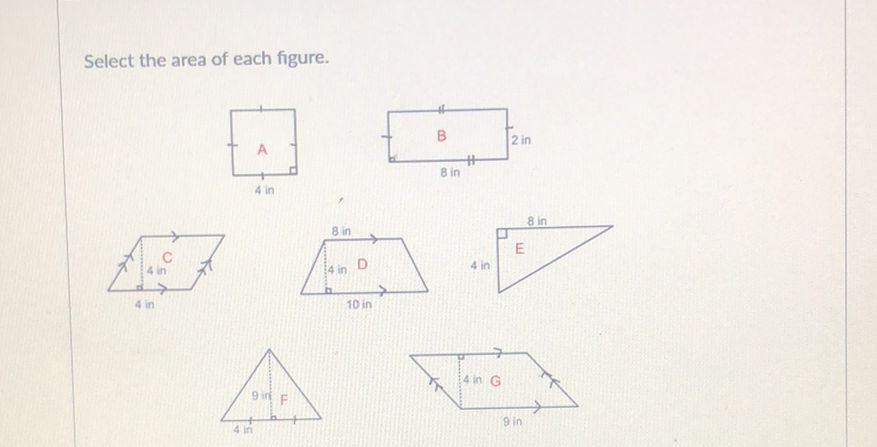 Select the area of each figure.