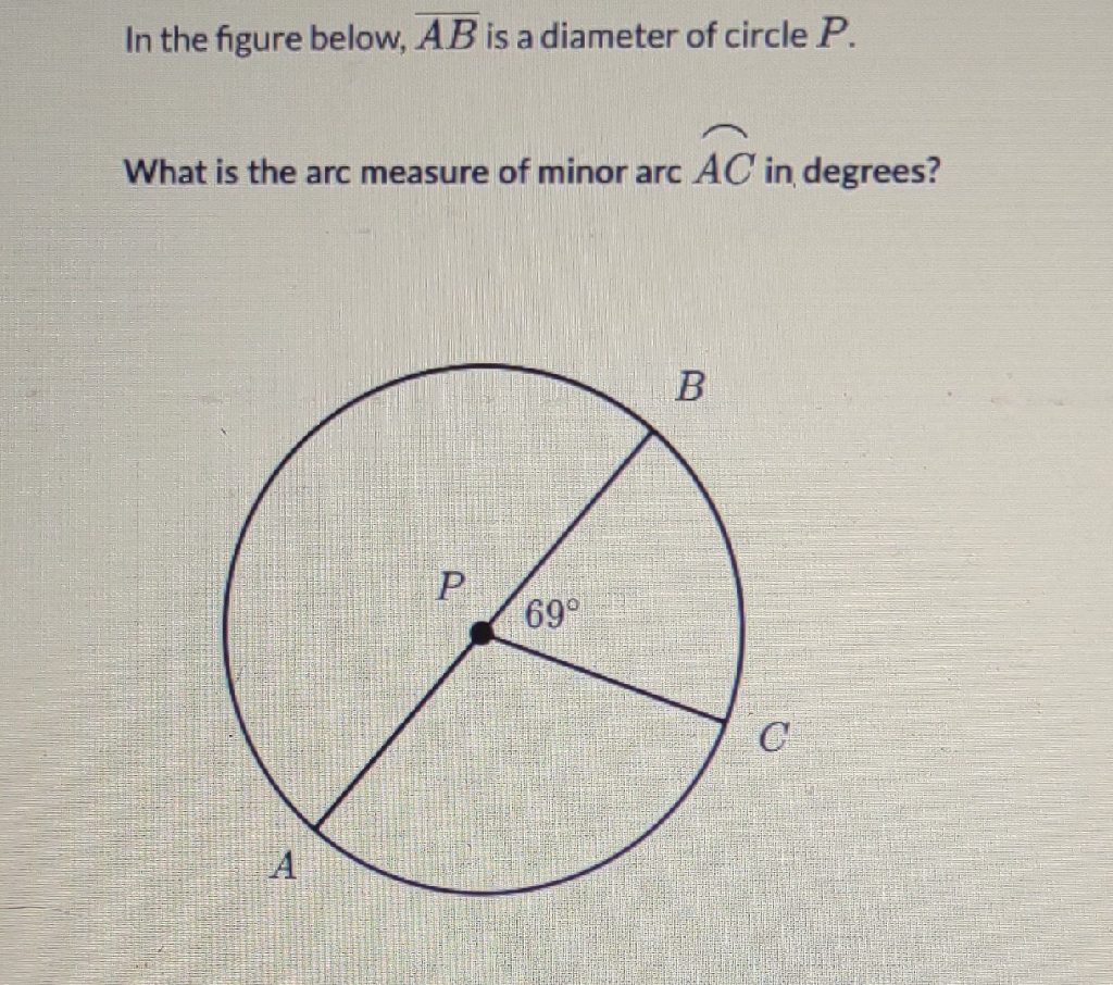 In the figure below, \( \overline{A B} \) is a diameter of circle \( P \).
What is the arc measure of minor arc \( \widehat{A C} \) in degrees?