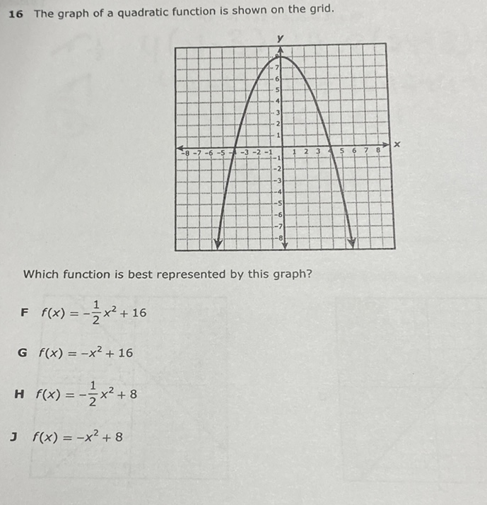 16 The graph of a quadratic function is shown on the grid.
Which function is best represented by this graph?
\( F \quad f(x)=-\frac{1}{2} x^{2}+16 \)
G \( f(x)=-x^{2}+16 \)
H \( f(x)=-\frac{1}{2} x^{2}+8 \)
J \( f(x)=-x^{2}+8 \)