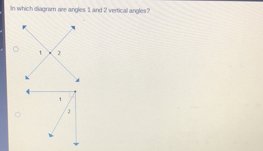 In which diagram are angles 1 and 2 vertical angles?