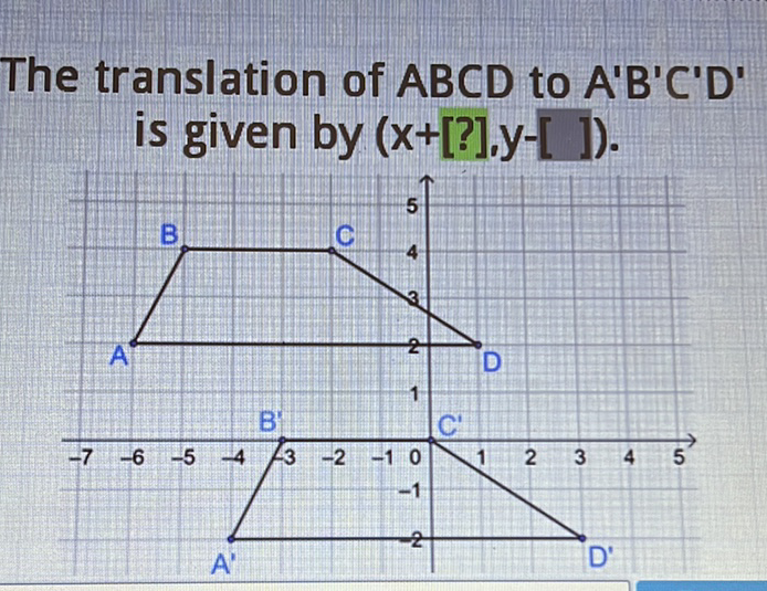 The translation of \( A B C D \) to \( A^{\prime} B^{\prime} C^{\prime} D^{\prime} \) is given by \( (x+[?], y-[]) \)