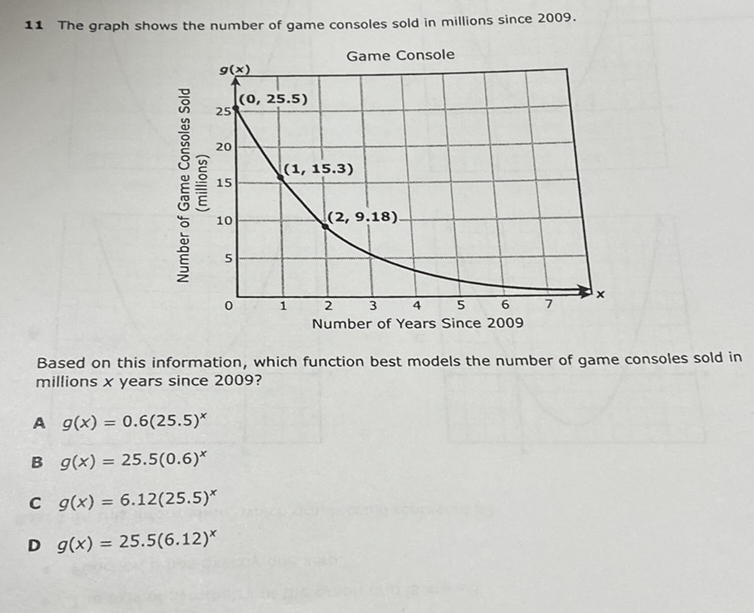 11 The graph shows the number of game consoles sold in millions since \( 2009 . \)
Based on this information, which function best models the number of game consoles sold in millions \( x \) years since 2009 ?
A \( g(x)=0.6(25.5)^{x} \)
B \( g(x)=25.5(0.6)^{x} \)
C \( g(x)=6.12(25.5)^{x} \)
D \( g(x)=25.5(6.12)^{x} \)