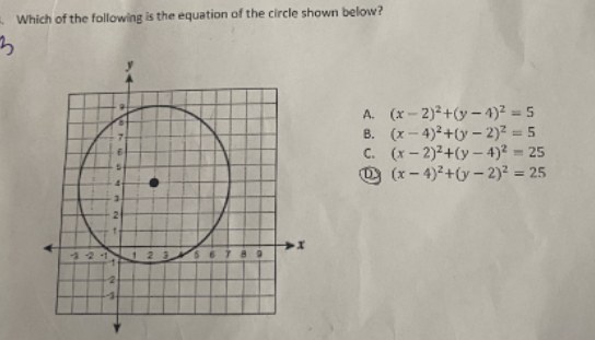 Which of the following is the equation of the circle shown below?
A. \( (x-2)^{2}+(y-4)^{2}=5 \)
B. \( (x-4)^{2}+(y-2)^{2}=5 \)
C. \( (x-2)^{2}+(y-4)^{2}=25 \)
(D) \( (x-4)^{2}+(y-2)^{2}=25 \)