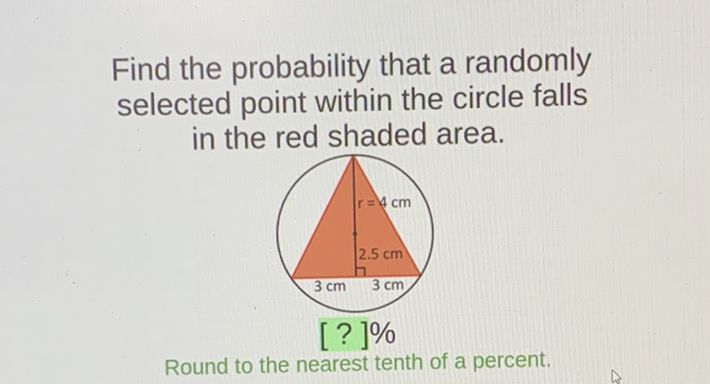 Find the probability that a randomly selected point within the circle falls in the red shaded area.
Round to the nearest tenth of a percent