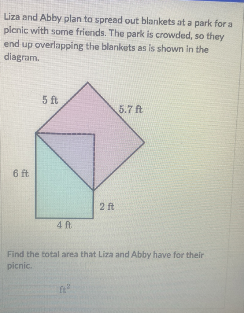 Liza and Abby plan to spread out blankets at a park for a picnic with some friends. The park is crowded, so they end up overlapping the blankets as is shown in the diagram.

Find the total area that Liza and Abby have for their picnic.
\( \mathrm{ft}^{2} \)