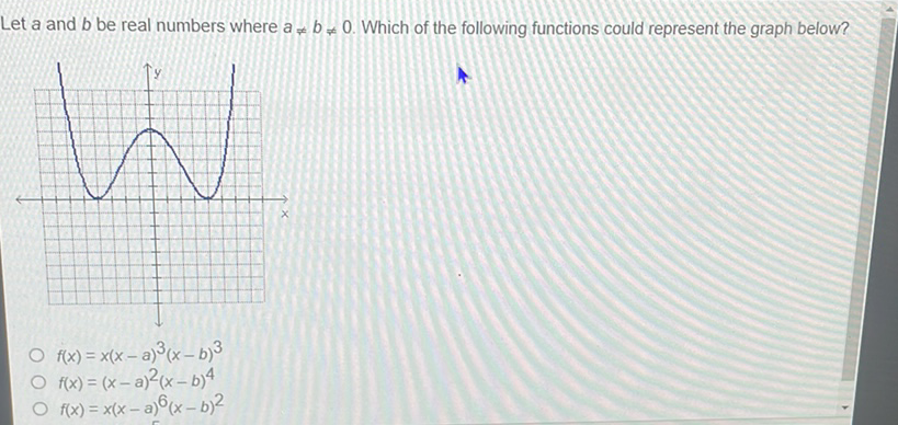 Let \( a \) and \( b \) be real numbers where \( a \neq b \neq 0 \). Which of the following functions could represent the graph below?
\( f(x)=x(x-a)^{3}(x-b)^{3} \)
\( f(x)=(x-a)^{2}(x-b)^{4} \)
\( f(x)=x(x-a)^{6}(x-b)^{2} \)