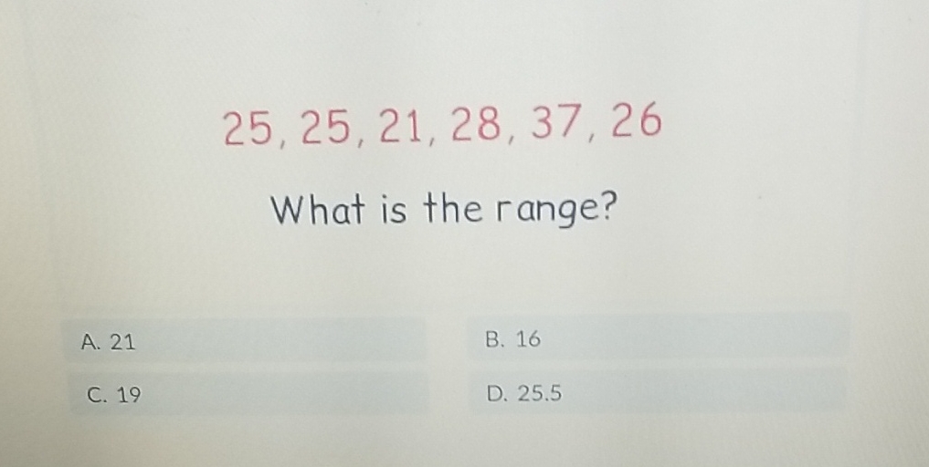 \( 25,25,21,28,37,26 \)
What is the range?
A. 21
B. 16
C. 19
D. \( 25.5 \)