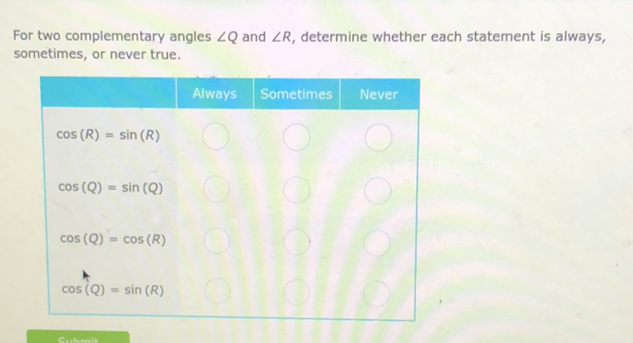 For two complementary angles \( \angle Q \) and \( \angle R \), determine whether each statement is always, sometimes, or never true.