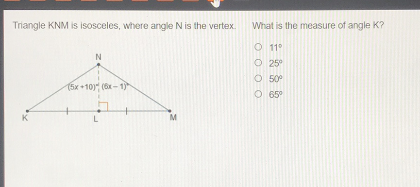 Triangle KNM is isosceles, where angle \( \mathrm{N} \) is the vertex. What is the measure of angle \( \mathrm{K} \) ?