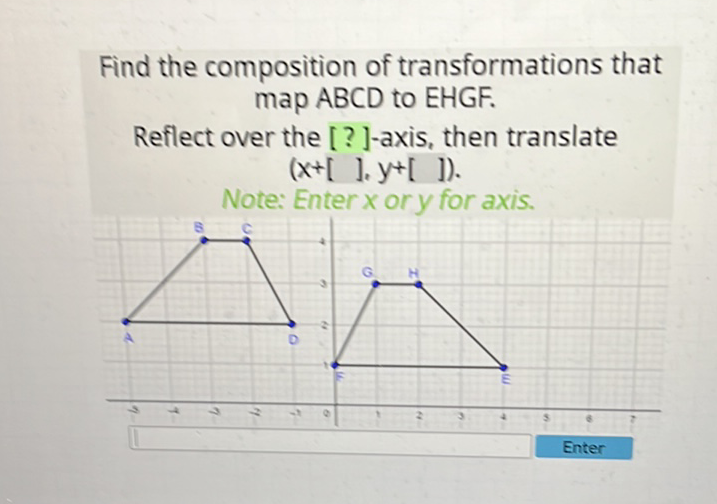 Find the composition of transformations that map ABCD to EHGF.
Reflect over the [?]-axis, then translate \( (x+[], y+[]) \)