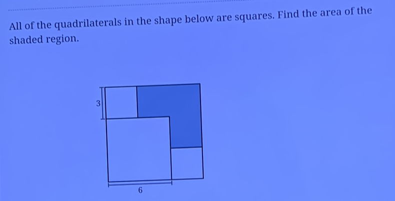 All of the quadrilaterals in the shape below are squares. Find the area of the shaded region.