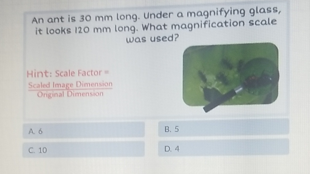 An ant is \( 30 \mathrm{~mm} \) long. Under a magnifying glass, it looks \( 120 \mathrm{~mm} \) long. What magnification scale was used?
Hint: Scale Factor =
Scaled Image Dimension
Original Dimension
A. 6
B. 5
C. 10
D. 4