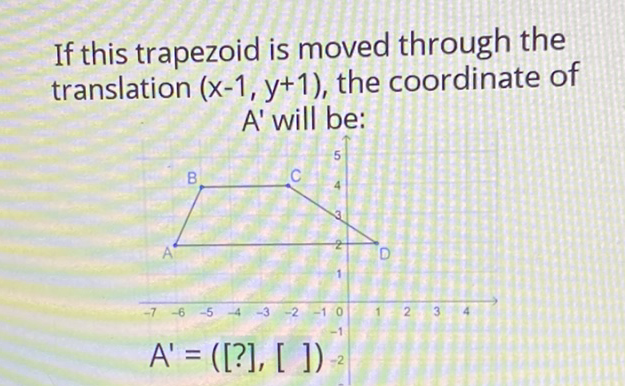 If this trapezoid is moved through the translation \( (x-1, y+1) \), the coordinate of A' will be: