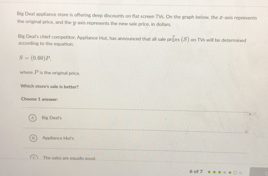 Big Deal appliance store is offering deep discounts on flat screen TVs. On the graph below, the \( \boldsymbol{x} \)-axis represents the original price, and the \( y \)-axis represents the new sale price, in dollars.
Big Deal's chief competitor, Appliance Hut, has announced that all sale priles \( (S) \) on TVs will be determined according to the equation:
\[
S=(0.60) P
\]
where \( P \) is the original price.
Which store's sale is better?
Choose 1 answer:
(A) Big Deal's
(B) Appliance Hut's
(C) The sales are eaually rood.