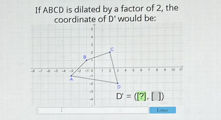 If \( A B C D \) is dilated by a factor of 2 , the coordinate of \( D^{\prime} \) would be: