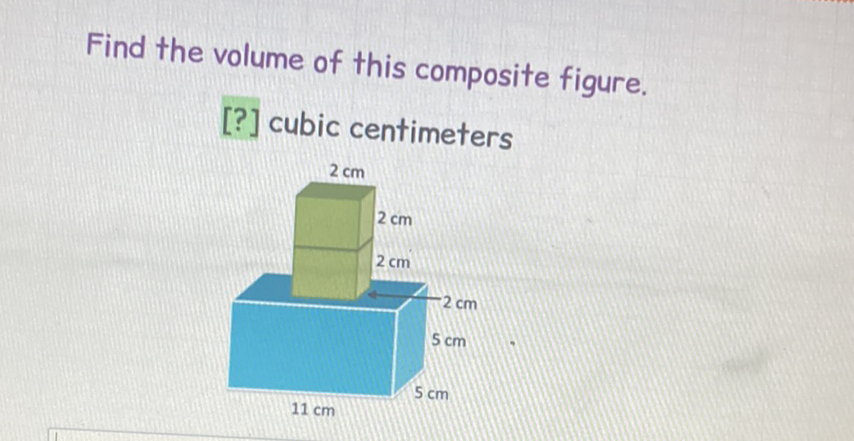 Find the volume of this composite figure.
[?] cubic centimeters
