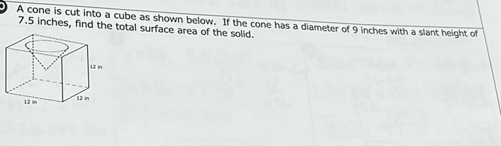 A cone is cut into a cube as shown below. If the cone has a diameter of 9 inches with a slant height of \( 7.5 \) inches, find the total surface area of the solid.