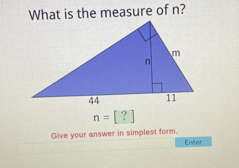 What is the measure of \( n \) ?
Give your answer in simplest form.
Enter