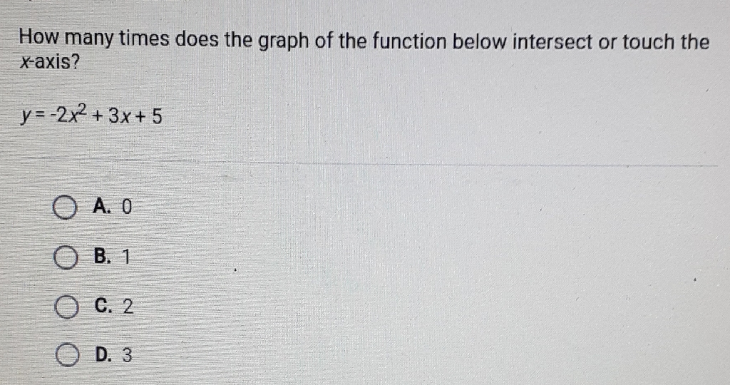 How many times does the graph of the function below intersect or touch the \( x \)-axis?
\[
y=-2 x^{2}+3 x+5
\]
A. 0
B. 1
C. 2
D. 3