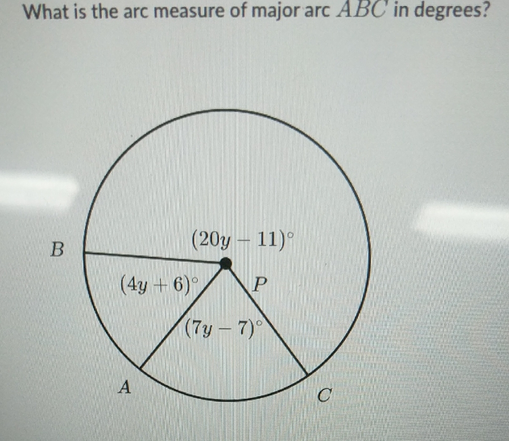 What is the arc measure of major arc \( A B C \) in degrees?