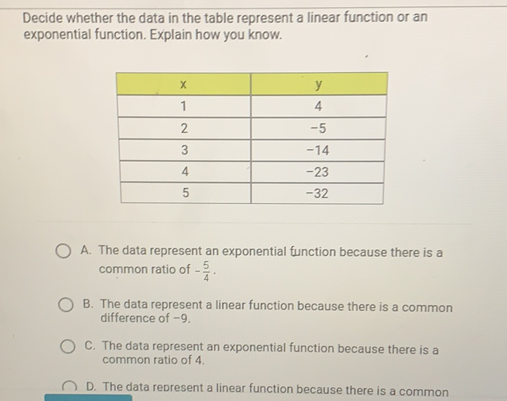 Decide whether the data in the table represent a linear function or an exponential function. Explain how you know.
\begin{tabular}{|c|c|}
\hline\( x \) & \( y \) \\
\hline 1 & 4 \\
\hline 2 & \( -5 \) \\
\hline 3 & \( -14 \) \\
\hline 4 & \( -23 \) \\
\hline 5 & \( -32 \) \\
\hline
\end{tabular}
A. The data represent an exponential function because there is a common ratio of \( -\frac{5}{4} \).

B. The data represent a linear function because there is a common difference of \( -9 \).

C. The data represent an exponential function because there is a common ratio of 4 .

D. The data rebresent a linear function because there is a common