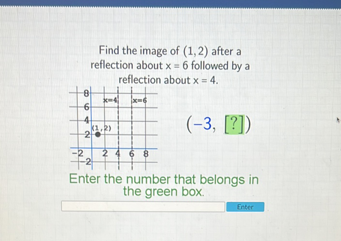 Find the image of \( (1,2) \) after a reflection about \( x=6 \) followed by a reflection about \( x=4 \).

Enter the number that belongs in the green box.

Enter