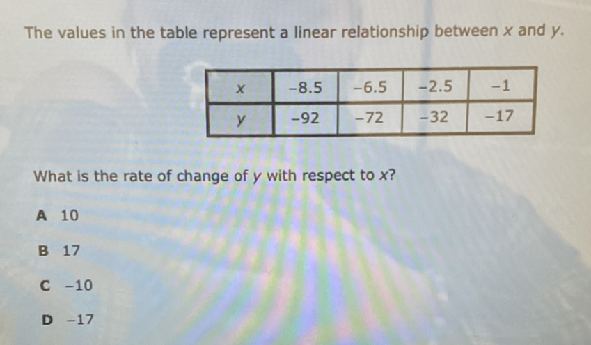 The values in the table represent a linear relationship between \( x \) and \( y \).
\begin{tabular}{|c|c|c|c|c|}
\hline\( x \) & \( -8.5 \) & \( -6.5 \) & \( -2.5 \) & \( -1 \) \\
\hline\( y \) & \( -92 \) & \( -72 \) & \( -32 \) & \( -17 \) \\
\hline
\end{tabular}
What is the rate of change of \( y \) with respect to \( x \) ?
A 10
B 17
C \( -10 \)
D \( -17 \)