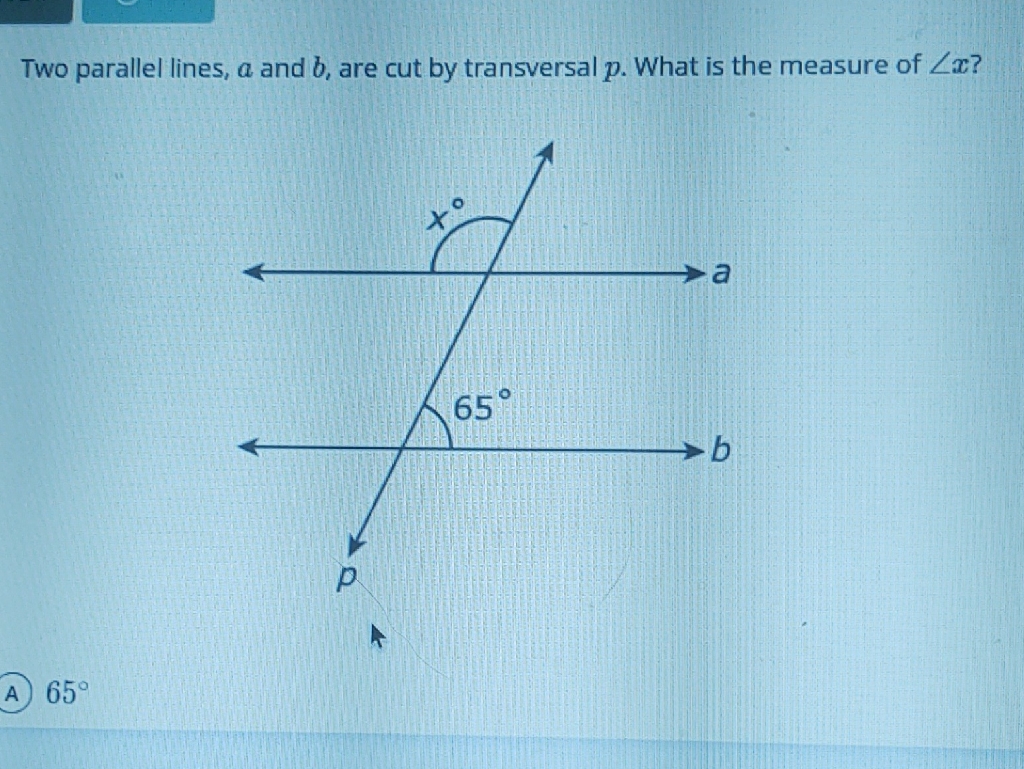 Two parallel lines, \( a \) and \( b \), are cut by transversal \( p \). What is the measure of \( \angle x \) ?
(A) \( 65^{\circ} \)