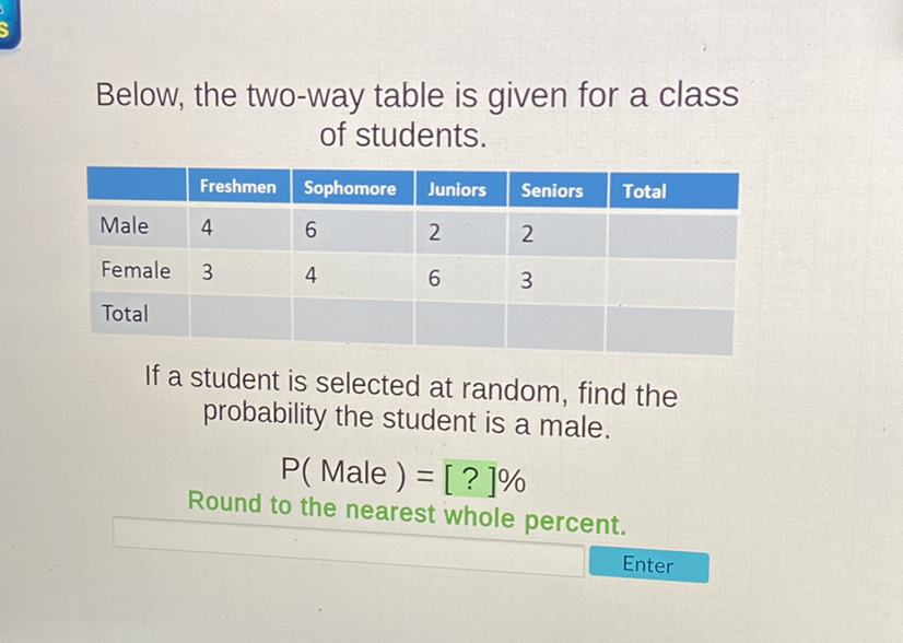 Below, the two-way table is given for a class of students.
\begin{tabular}{|l|l|l|l|l|l|}
\hline & Freshmen & Sophomore & Juniors & Seniors & Total \\
\hline Male & 4 & 6 & 2 & 2 & \\
\hline Female & 3 & 4 & 6 & 3 \\
\hline Total & & & & & \\
\hline
\end{tabular}
If a student is selected at random, find the probability the student is a male.
\[
P(\text { Male })=[?] \%
\]
Round to the nearest whole percent.
Enter