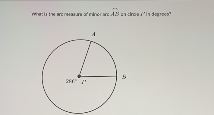 What is the arc measure of minor arc \( \overparen{A B} \) on circle \( P \) in degrees?