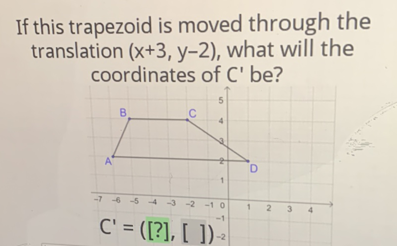 If this trapezoid is moved through the translation \( (x+3, y-2) \), what will the coordinates of \( C^{\prime} \) be?